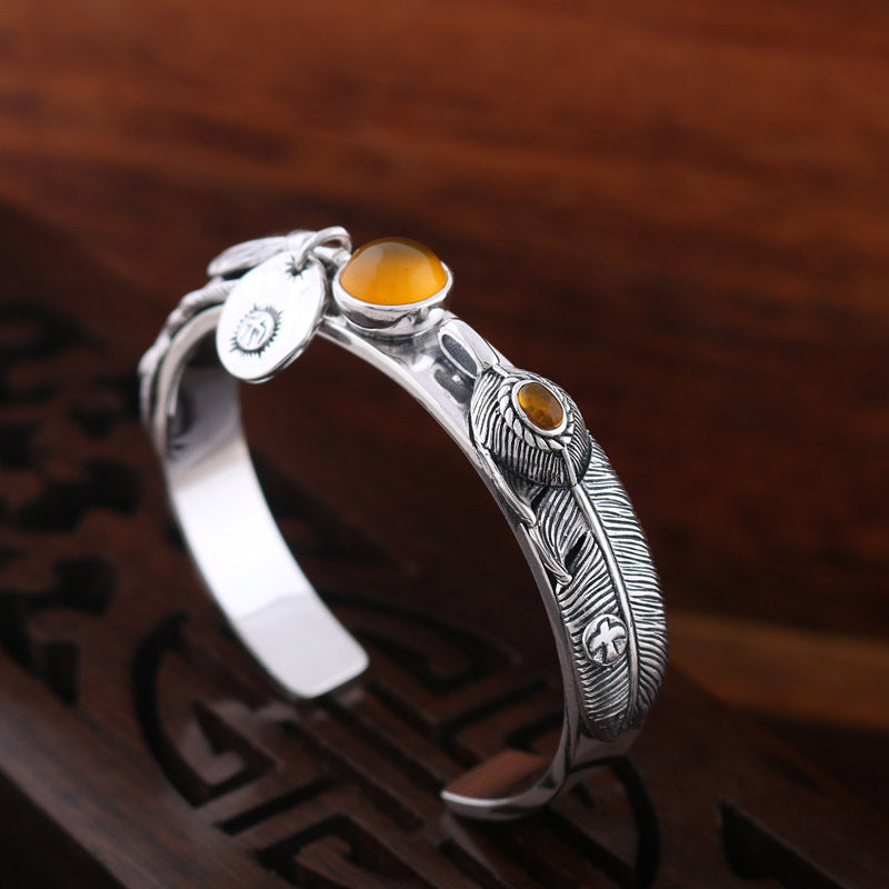 S925 Sterling Thai Handmade Silver Vintage Feather Topaz Bracelet