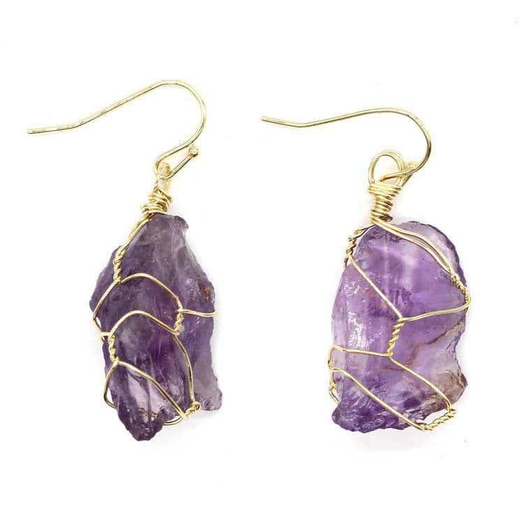 Natural crystal stone gold-plated amethyst irregular winding earrings