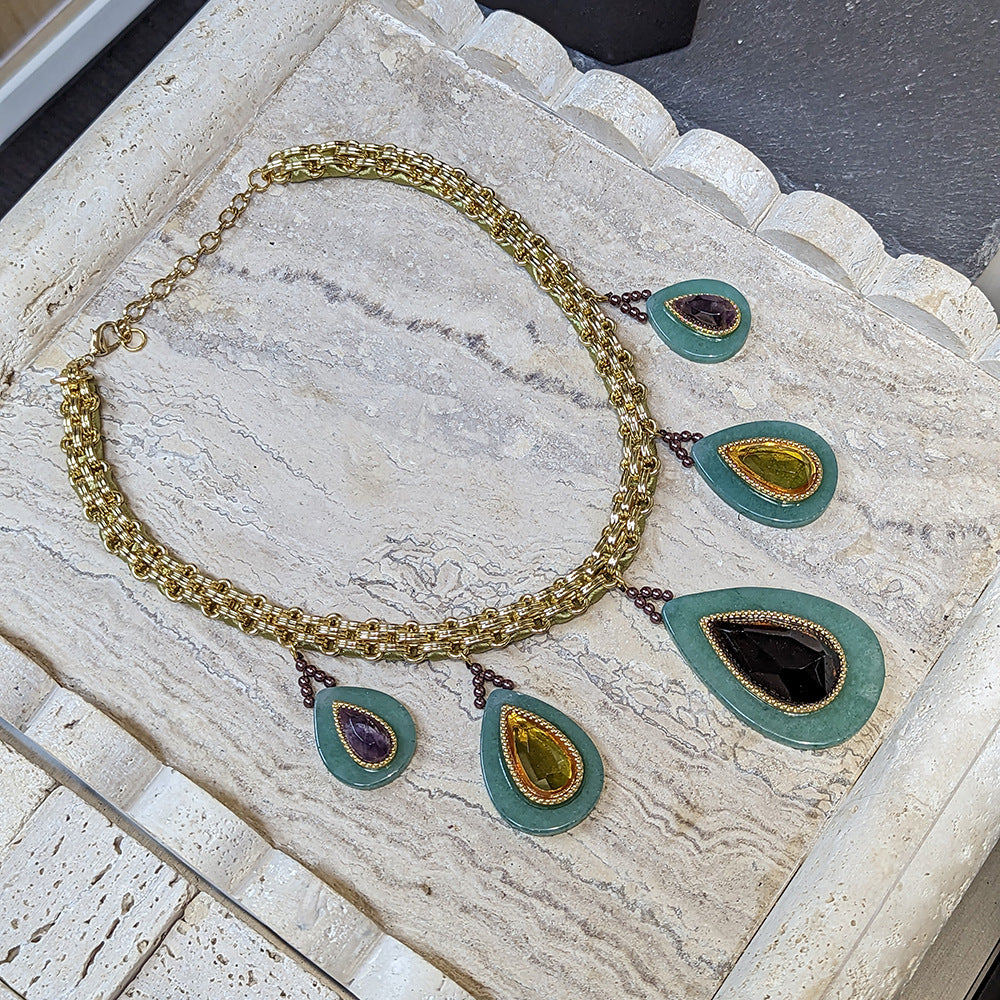 Heavy Industry Woven Cuban Thick Straps Natural Stone Water Drop Peacock Green Necklace