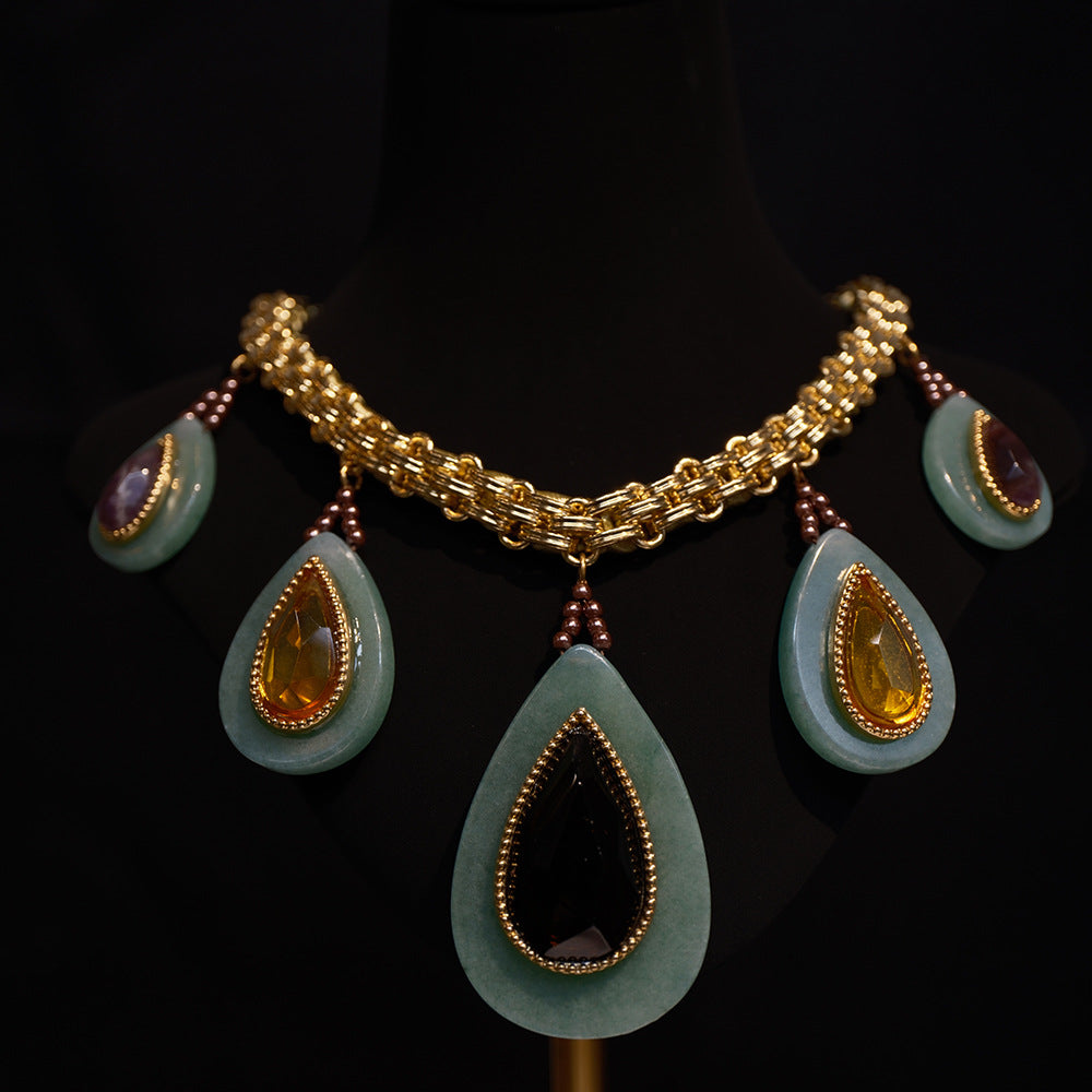 Heavy Industry Woven Cuban Thick Straps Natural Stone Water Drop Peacock Green Necklace