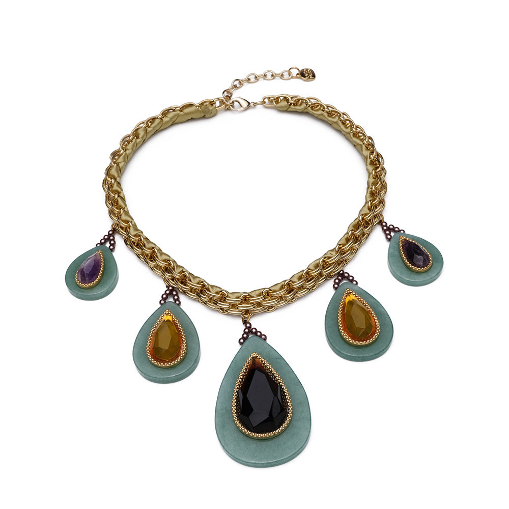 Heavy Industry Woven Cuban Thick Straps Natural Stone Water Drop Peacock Green Necklace