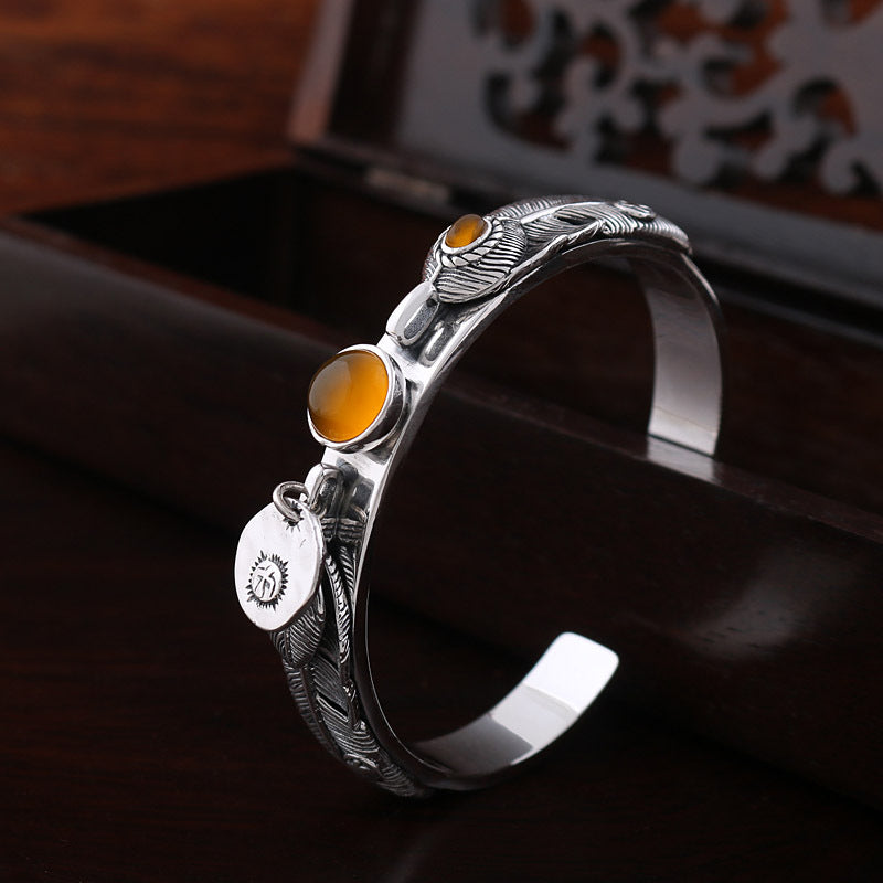 S925 Sterling Thai Handmade Silver Vintage Feather Topaz Bracelet