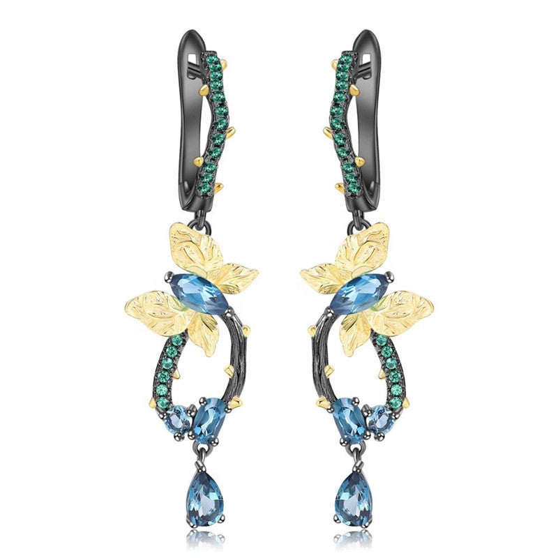 Natural London Blue Topa Earrings 925 Silver Handmade Butterfly Fashion Long Earrings