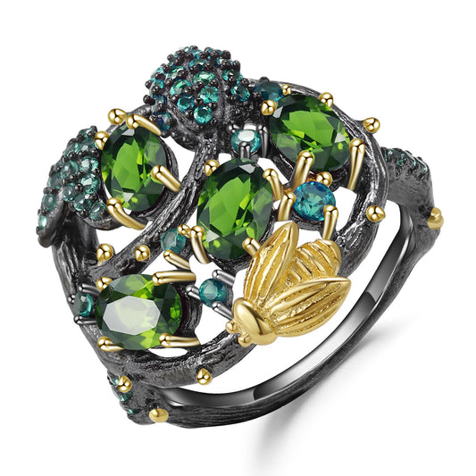 Handmade Designer Natural Chrome Diopside Tassel 925 Silver Ring
