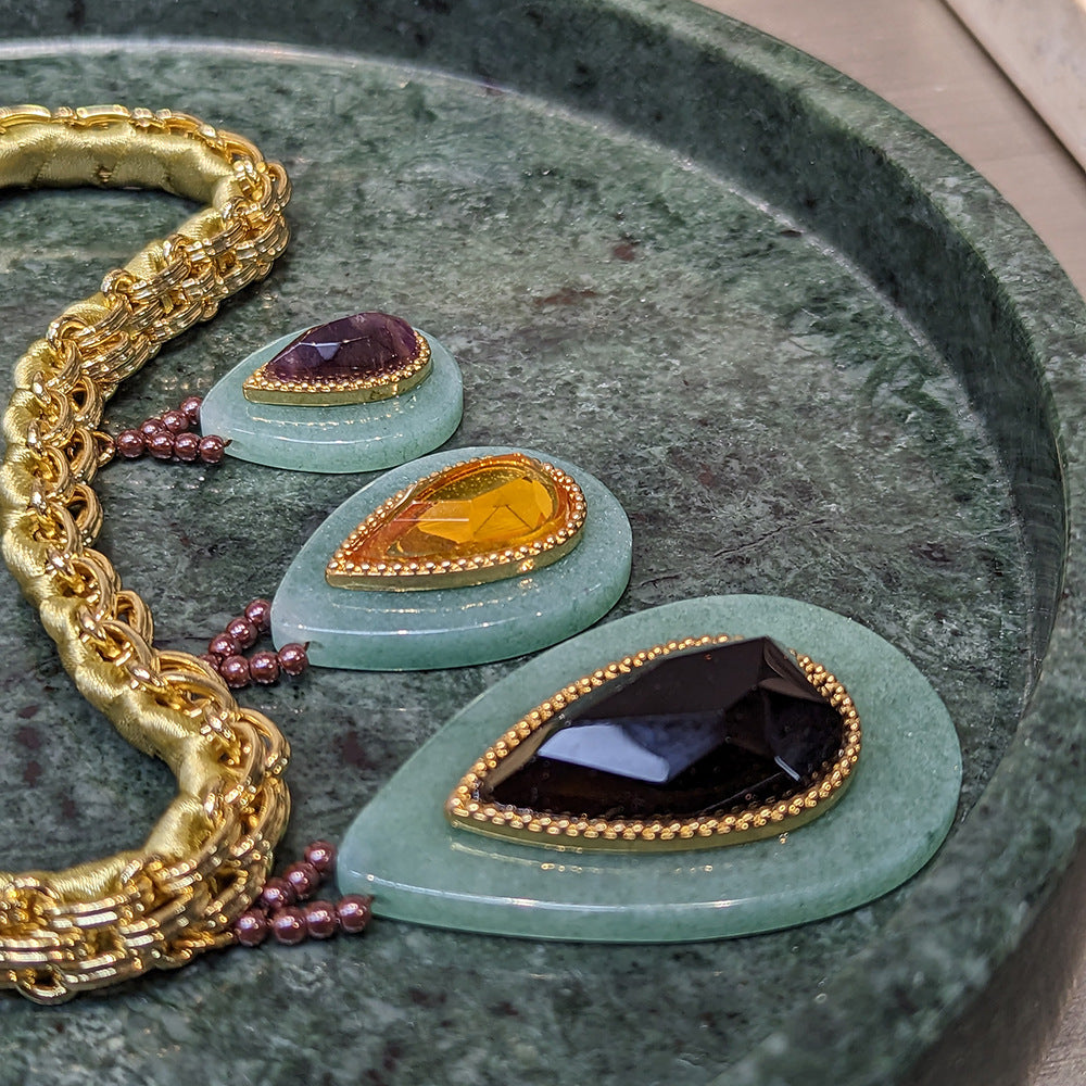 Heavy Industry Woven Cuban Thick Straps Natural Stone Water Drop Peacock Green Necklace