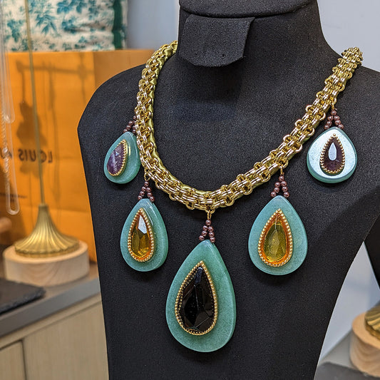 Heavy Industry Woven Cuban Thick Straps Natural Stone Water Drop Peacock Green Necklace