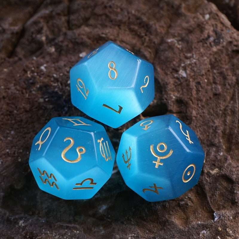 Aqua Blue Cat's Eye Stone Astrological Dice Set Of 3 Planets